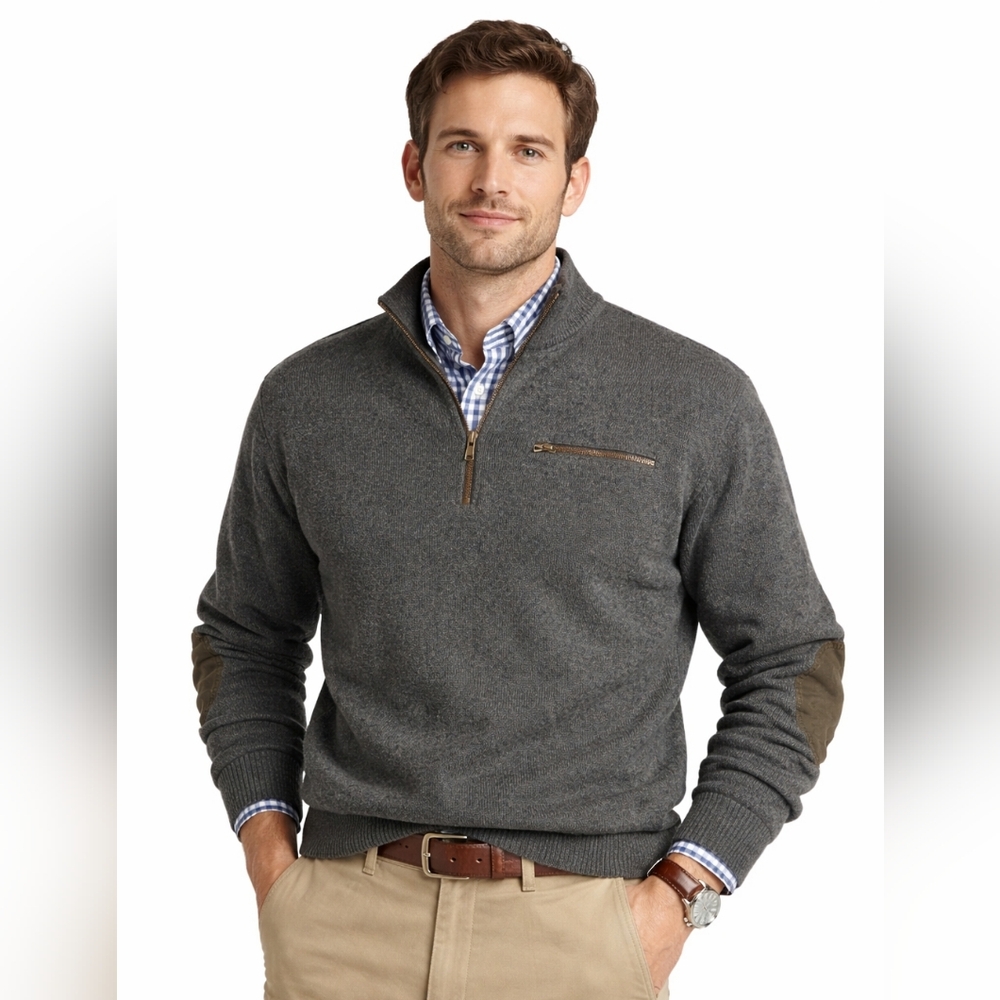 Cabelas‎ Wool Mock Neck Sweater Elbow Patch 1/2 Zip Windstopper Men's Large Tall